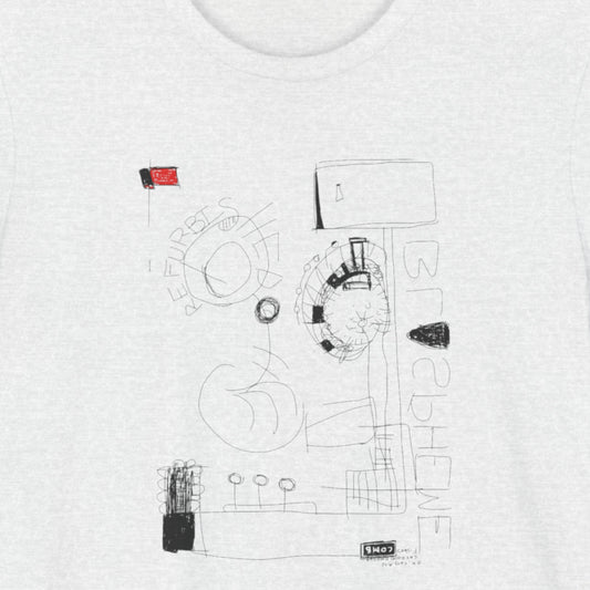 Ash grey t-shirt with a colorful abstract drawing on a beige background.