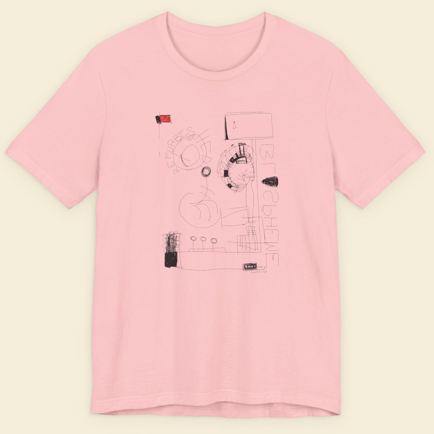 Pink t-shirt with black graphic design on a light beige background.