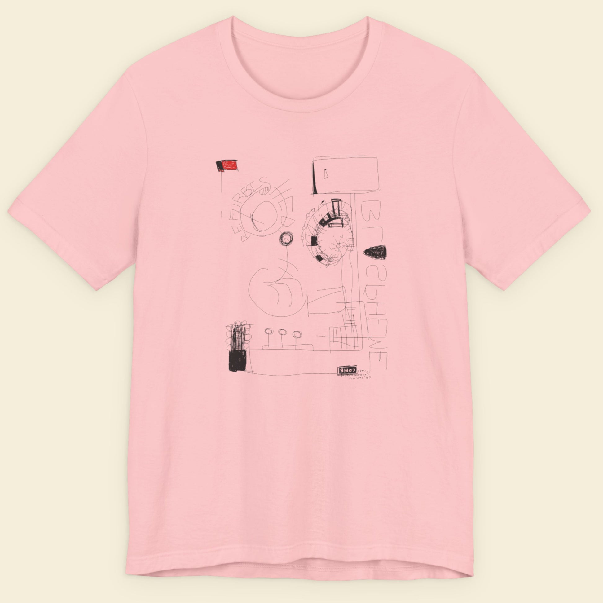 Pink t-shirt with black graphic design on a light beige background.