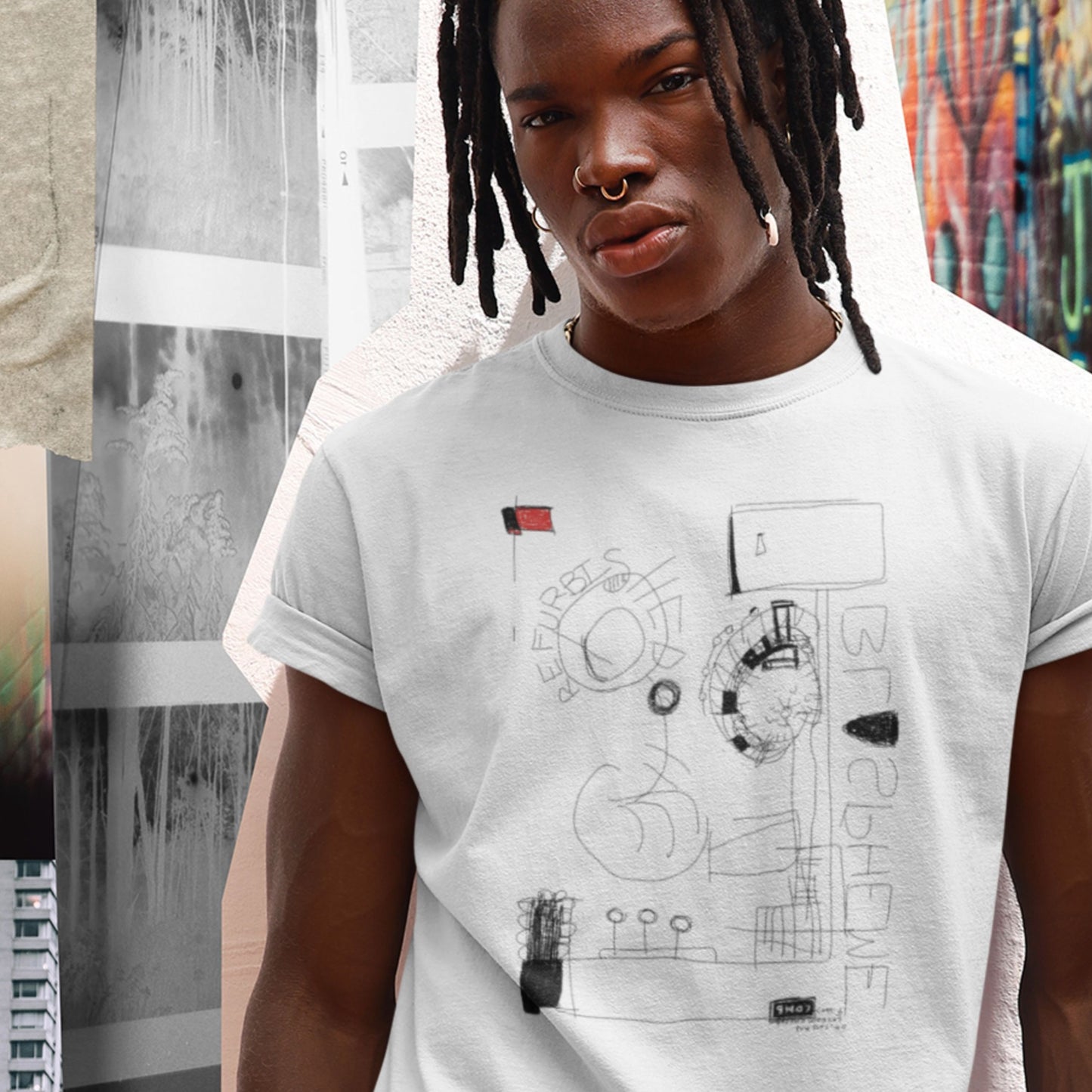 Person wearing a white t-shirt with black graphics against a colorful urban background.