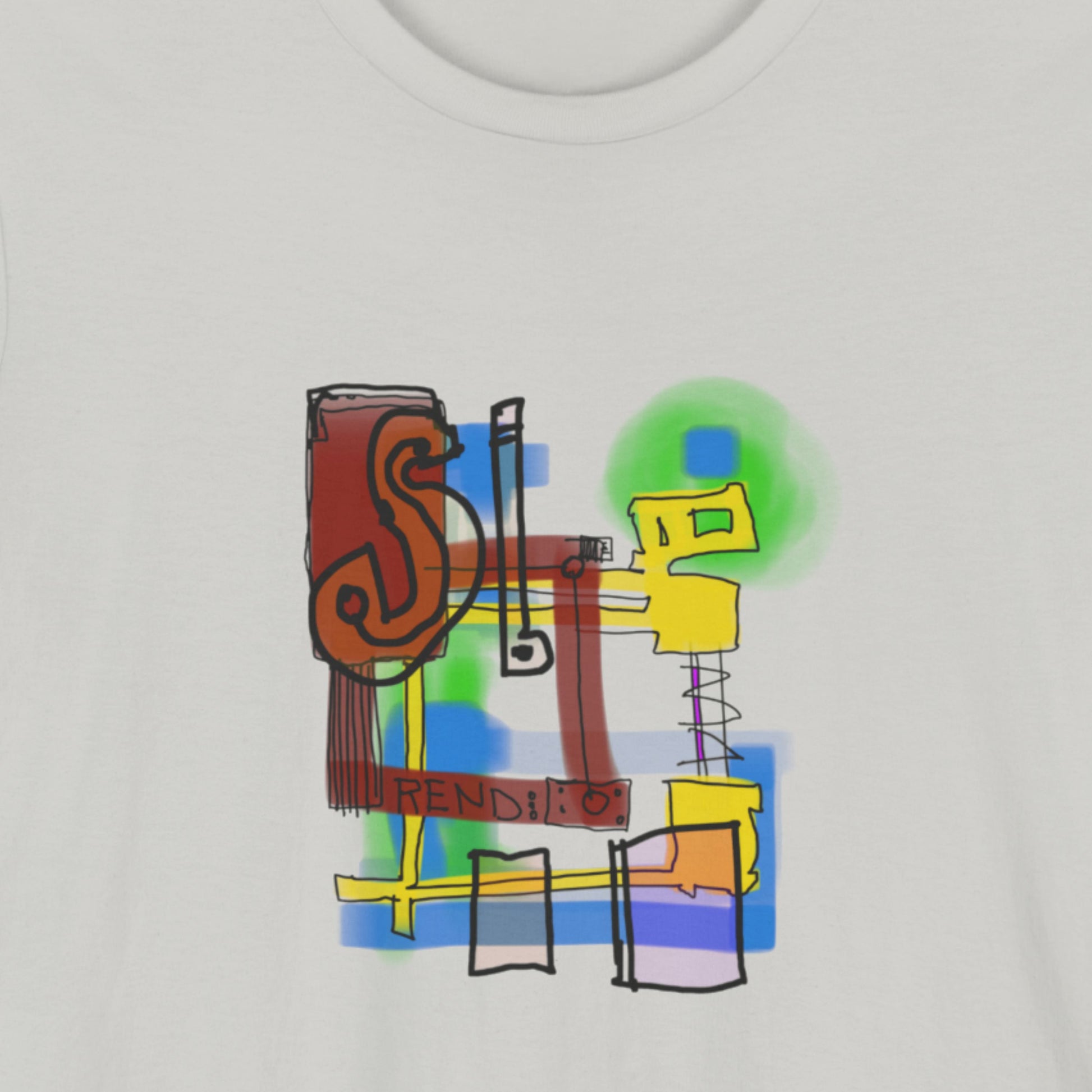 Light grey t-shirt with a colorful abstract drawing on a beige background.