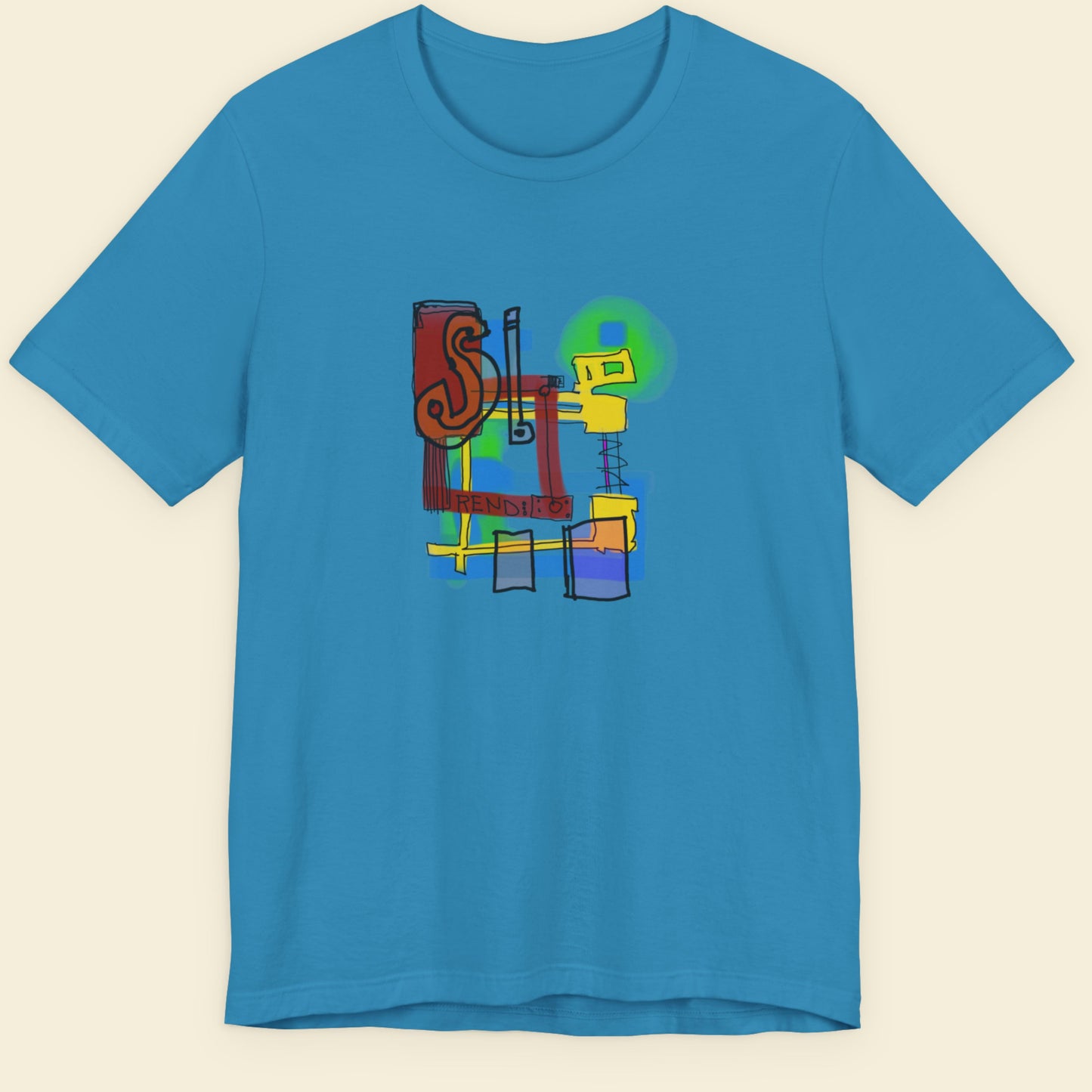 Aqua blue t-shirt with a colorful abstract drawing on a beige background.