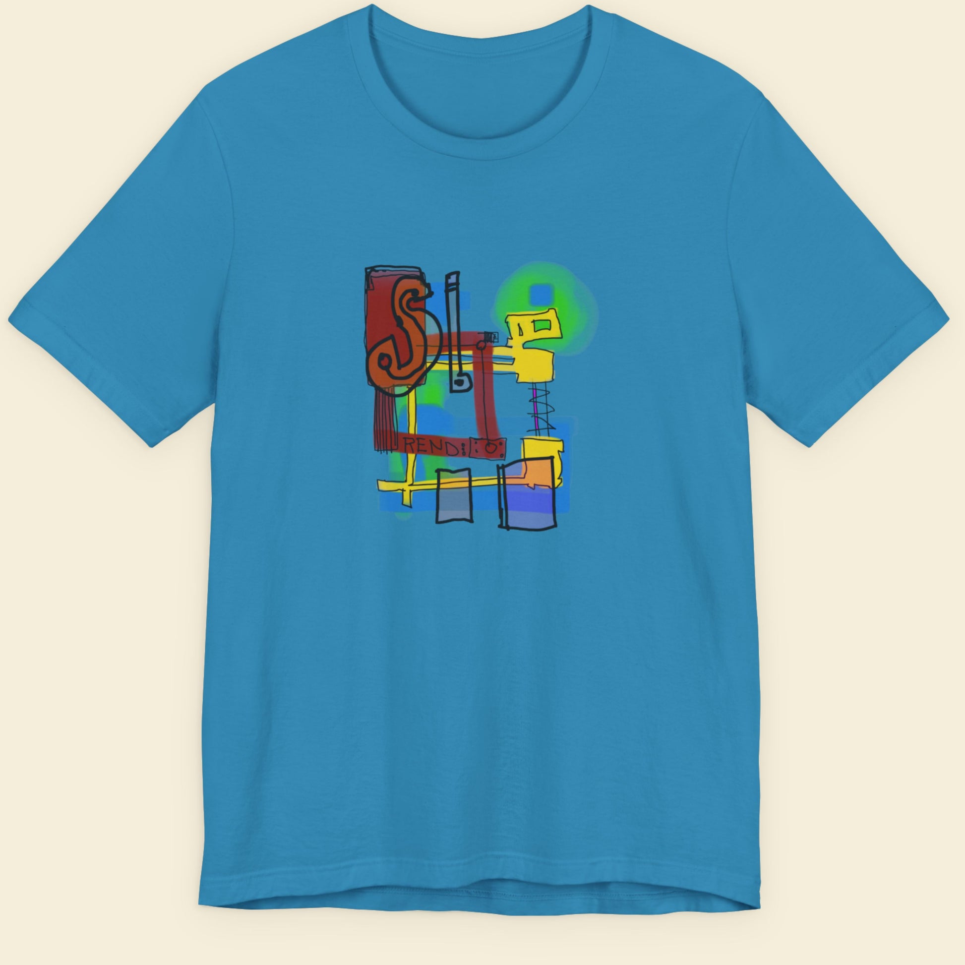 Aqua blue t-shirt with a colorful abstract drawing on a beige background.
