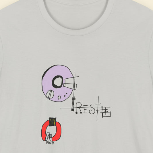 Light grey t-shirt with a colorful abstract drawing on a beige background.