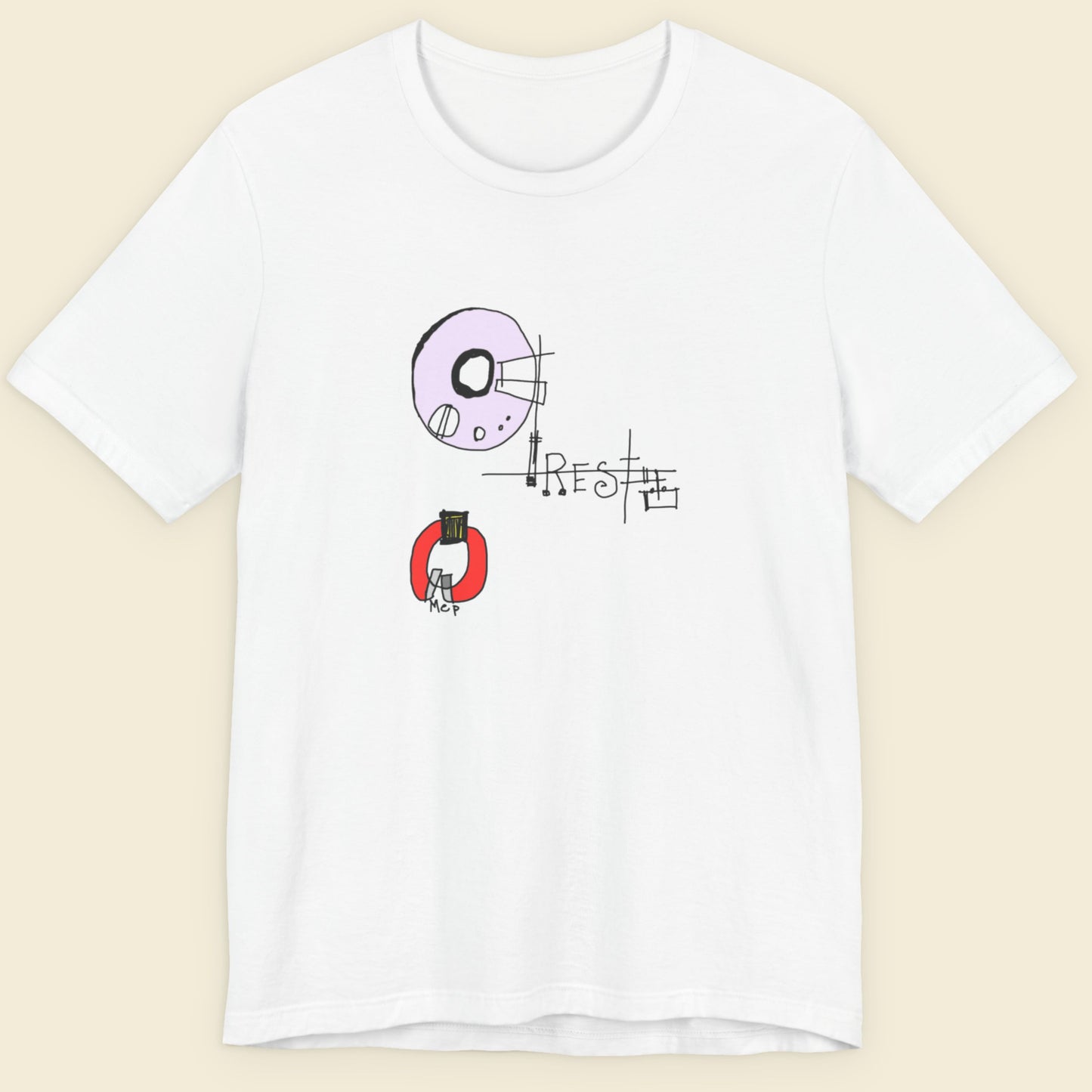 White t-shirt with graphic design on a beige background.