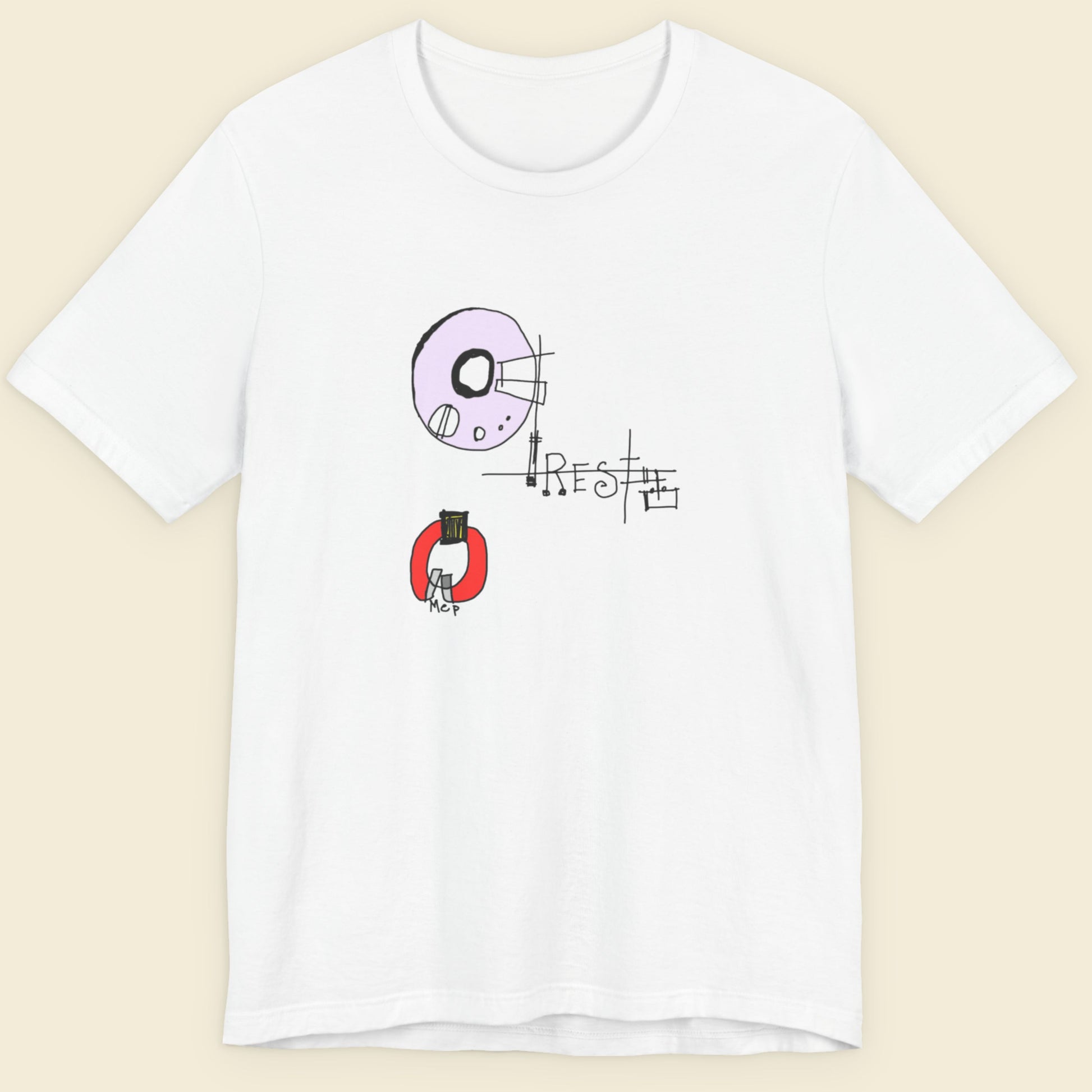 White t-shirt with graphic design on a beige background.