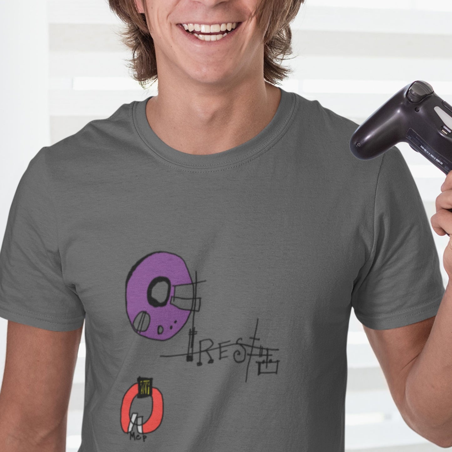Dark grey t-shirt with a colorful abstract drawing with a video game controller.