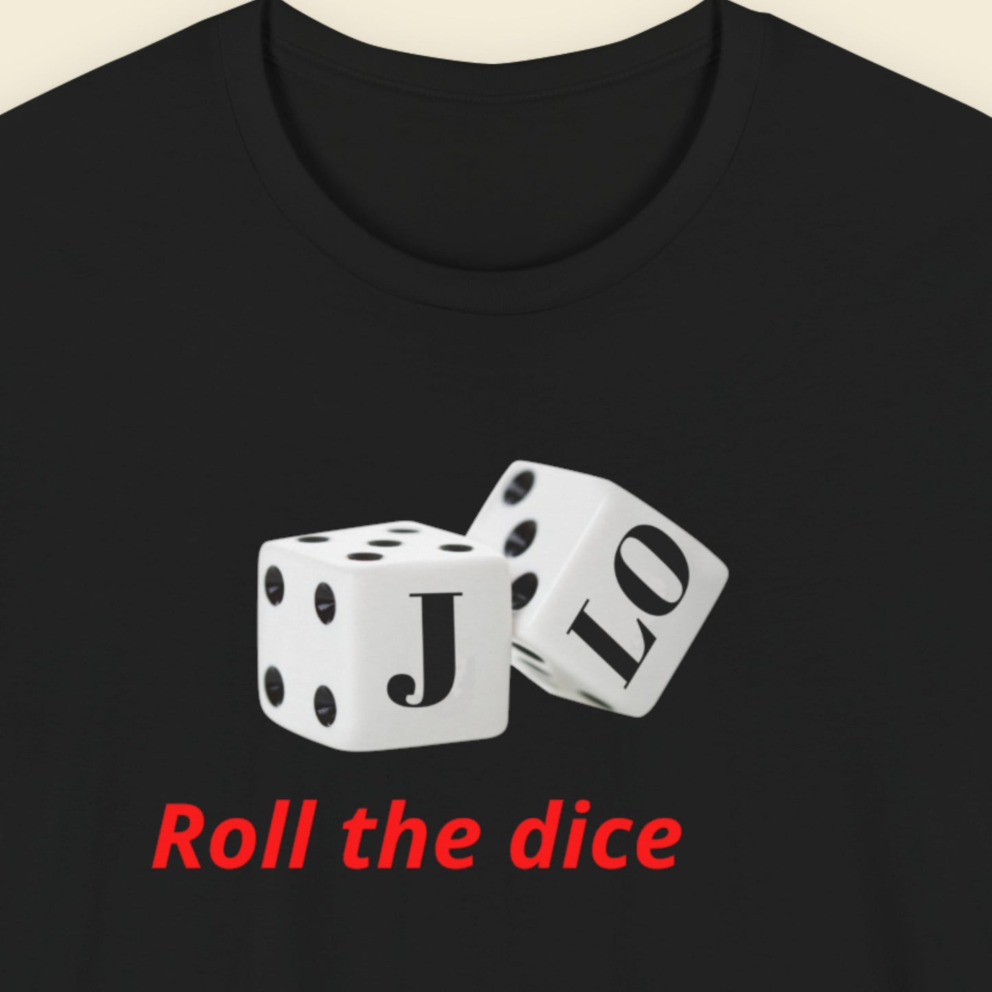 Black t-shirt with dice design and 'Roll the dice' text on a beige background.