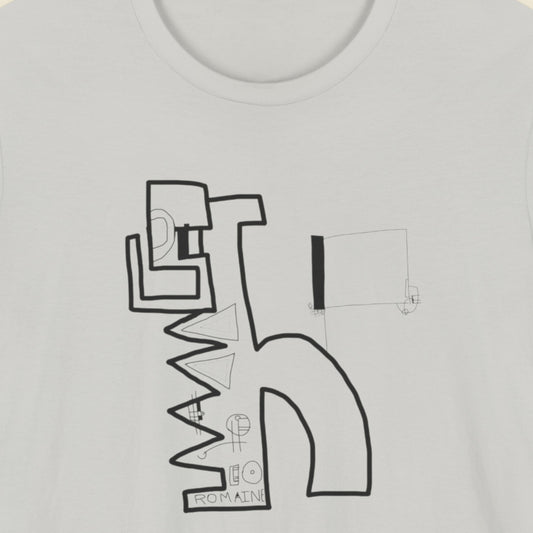 Light grey t-shirt with an abstract line drawing on a beige background.