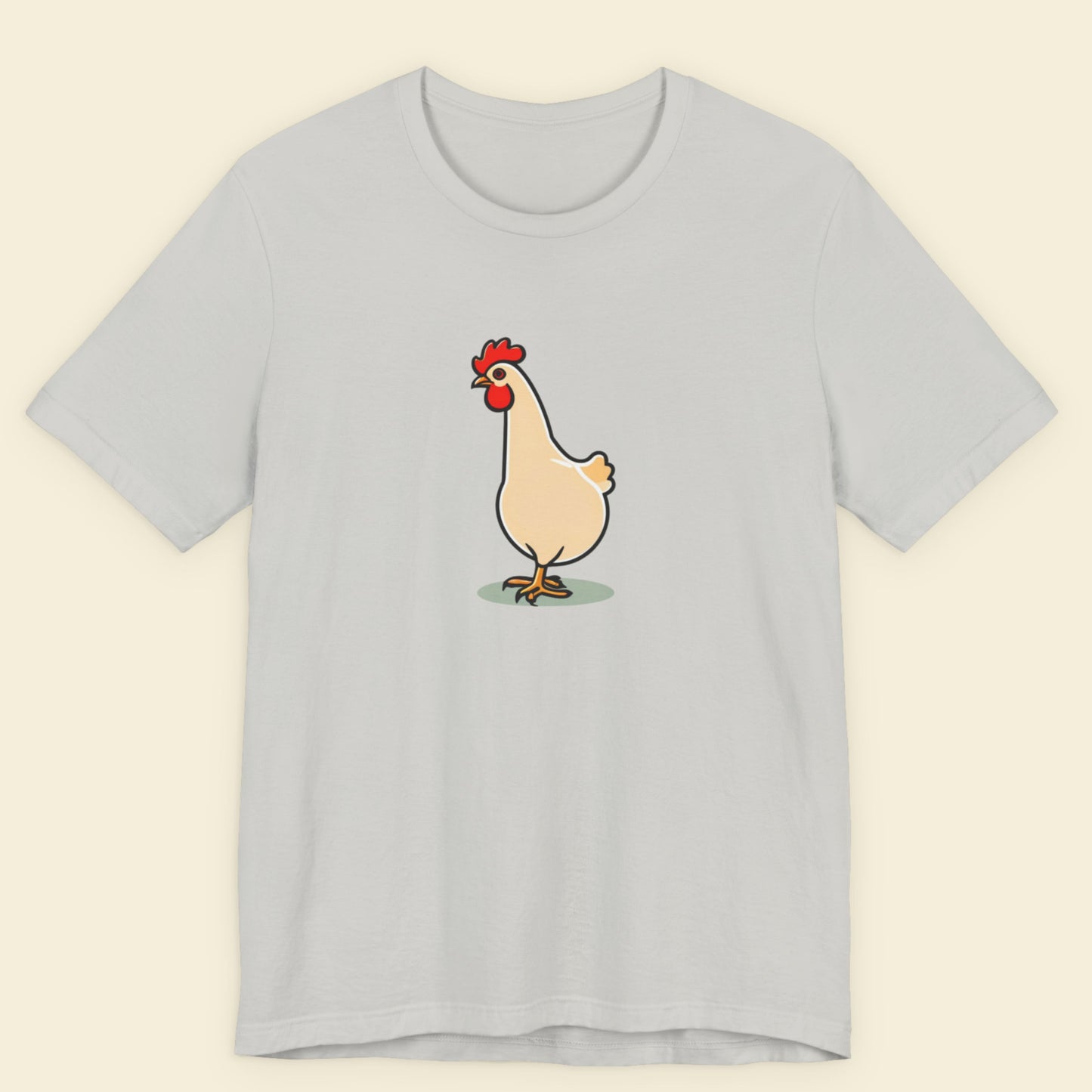 Light grey t-shirt with an illustration of a rooster on a beige background.