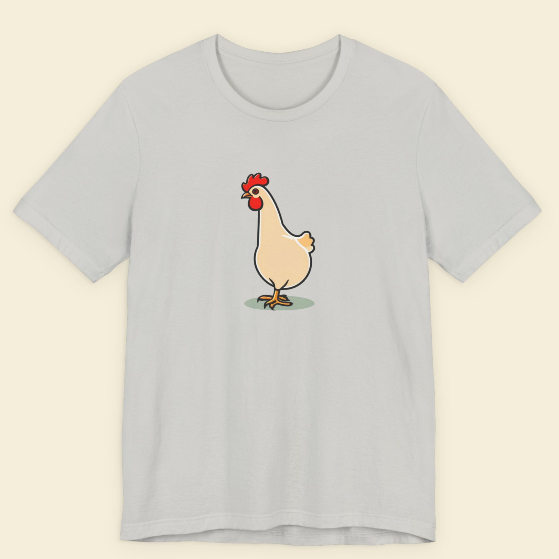 Light grey t-shirt with an illustration of a rooster on a beige background.