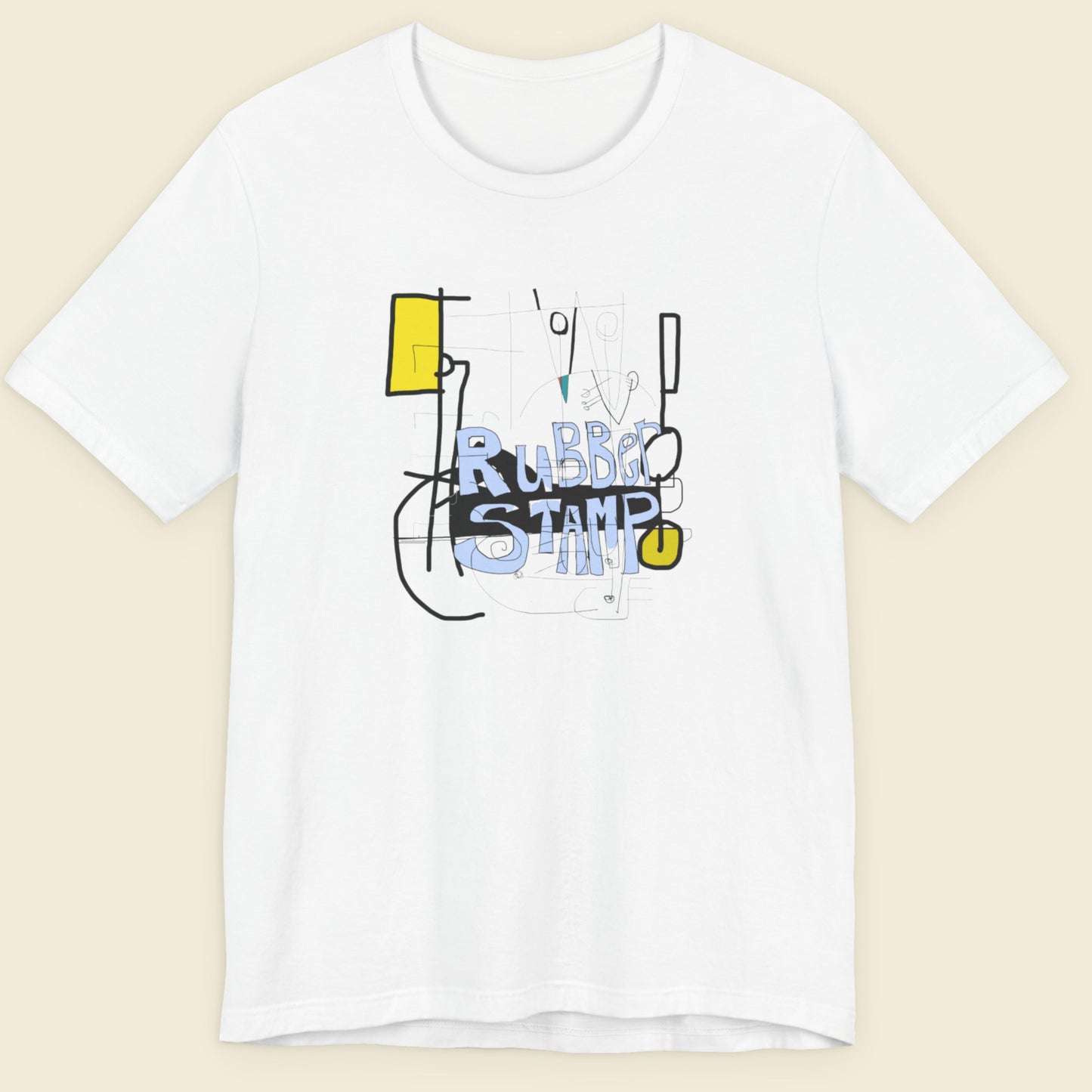 White t-shirt with colorful graphic design on a beige background.