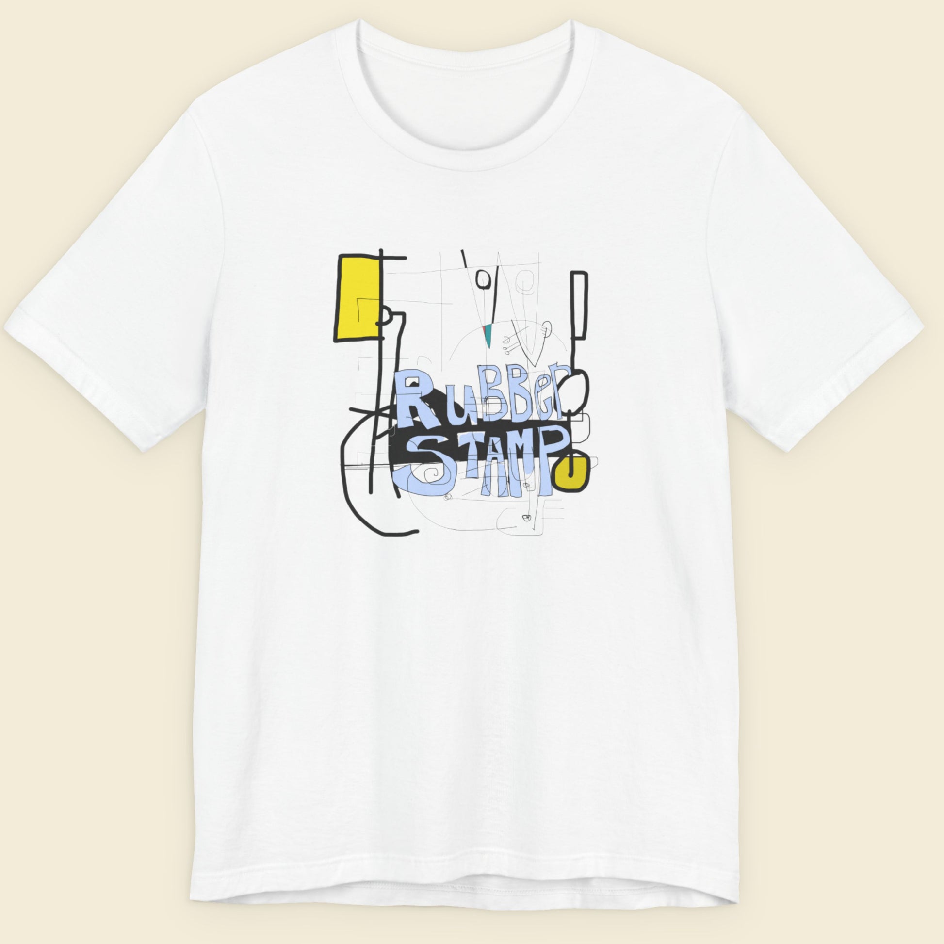 White t-shirt with colorful graphic design on a beige background.
