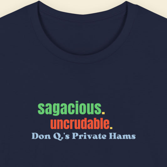 Navy blue t-shirt with humorous colorful text on a beige background.