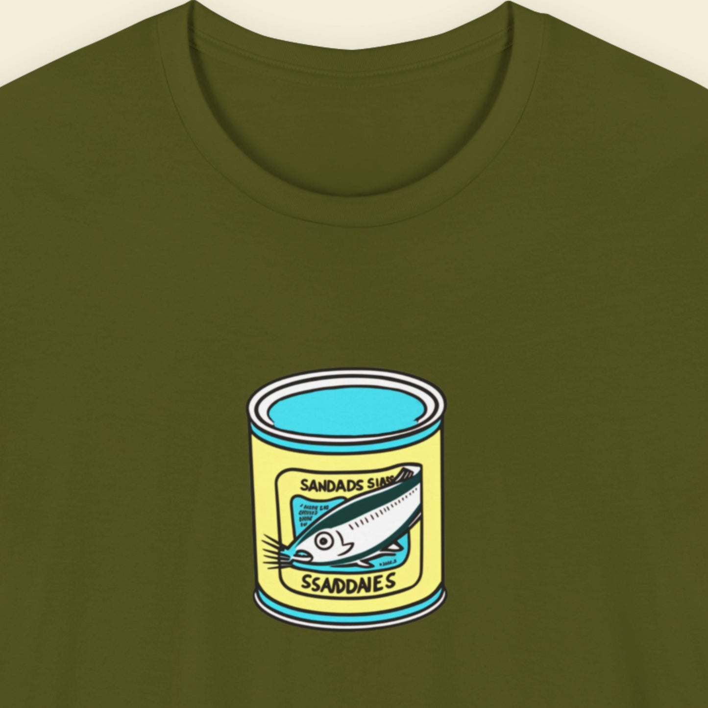 green shirt with a can of fish design on a beige background.