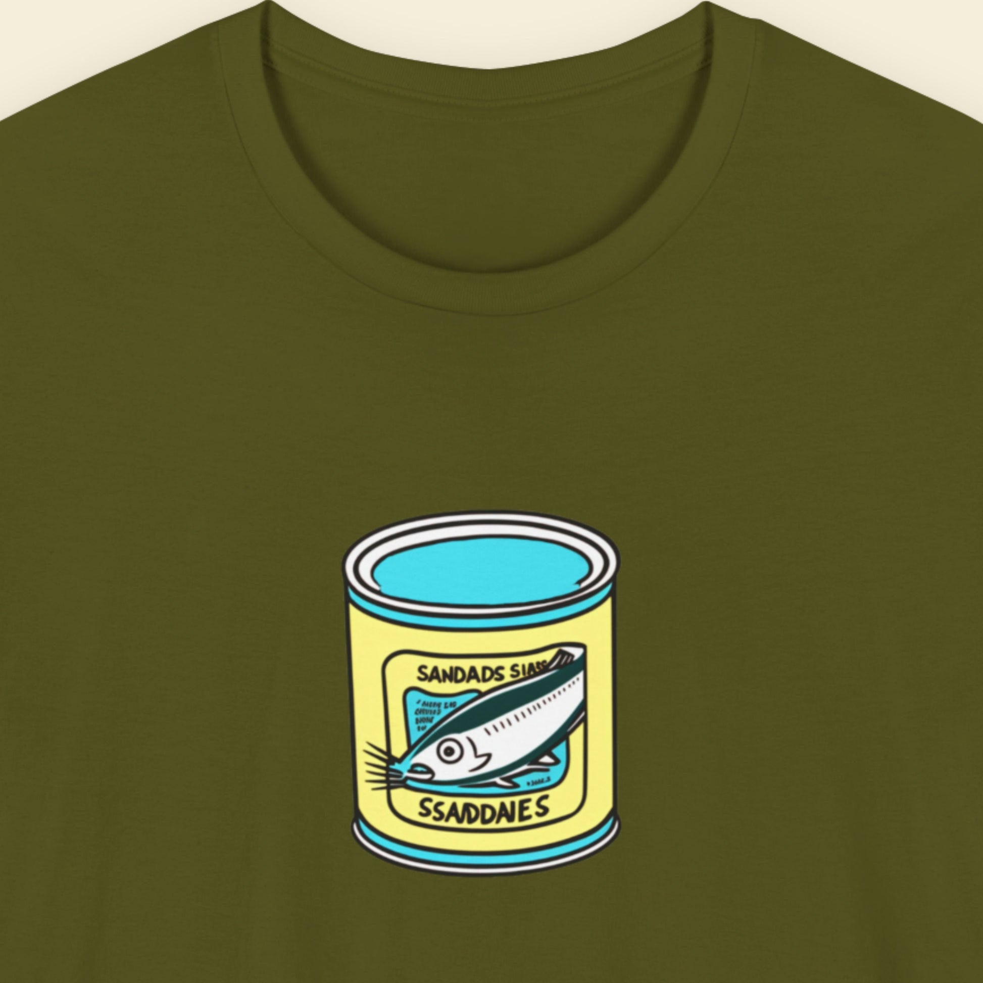 green shirt with a can of fish design on a beige background.