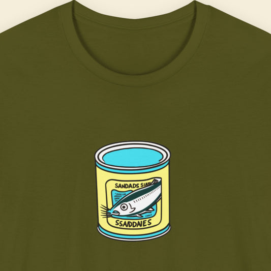 green shirt with a can of fish design on a beige background.