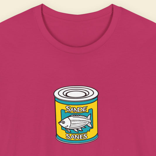pink shirt with a can of fish design on a beige background