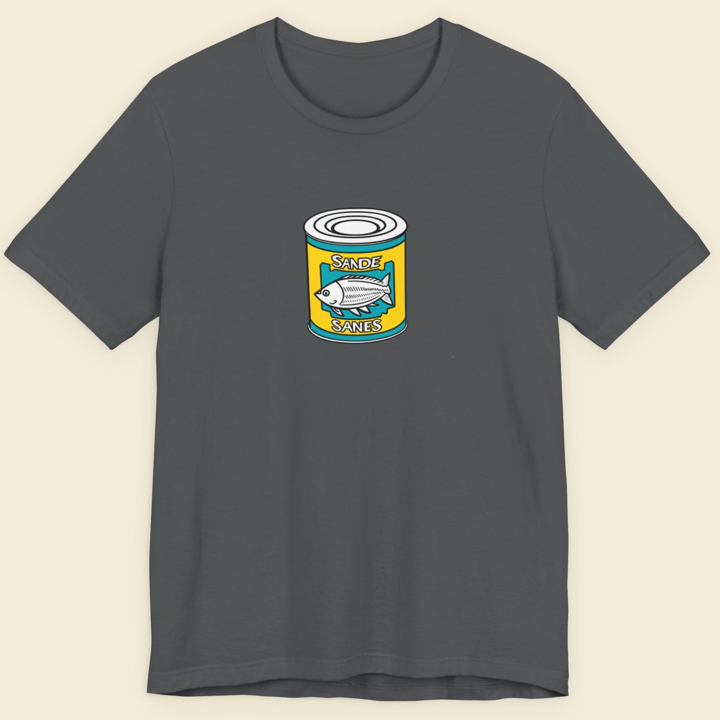 grey shirt with a can of fish design on a beige background