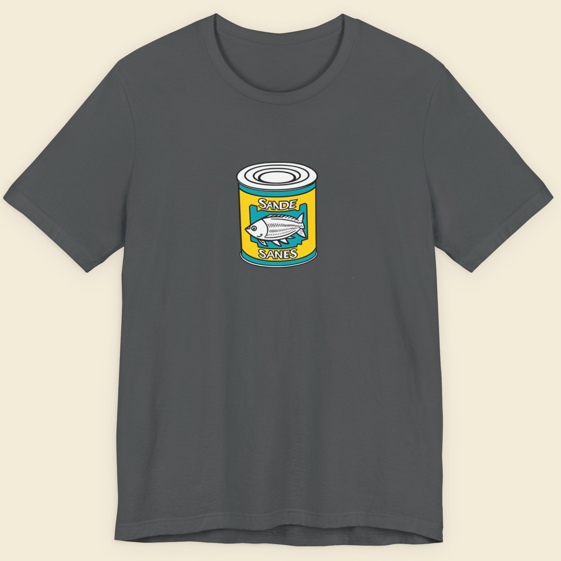 grey shirt with a can of fish design on a beige background