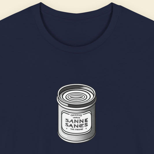 Navy t-shirt with an illustration of a can of fish on a beige background.