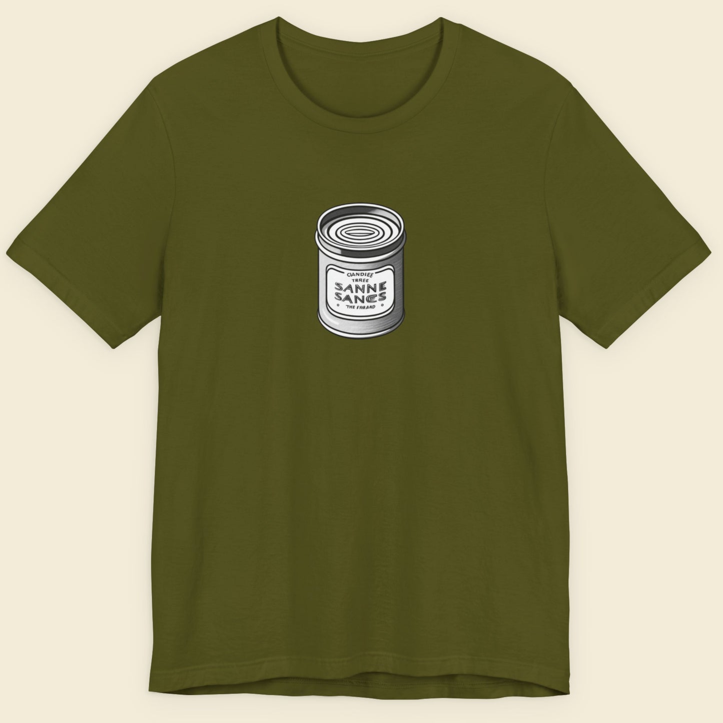 Green t-shirt with an illustration of a can of fish on a beige background.