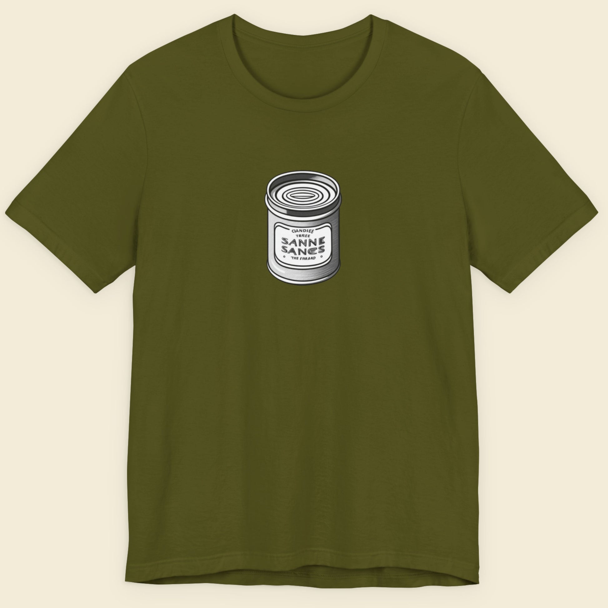 Green t-shirt with an illustration of a can of fish on a beige background.