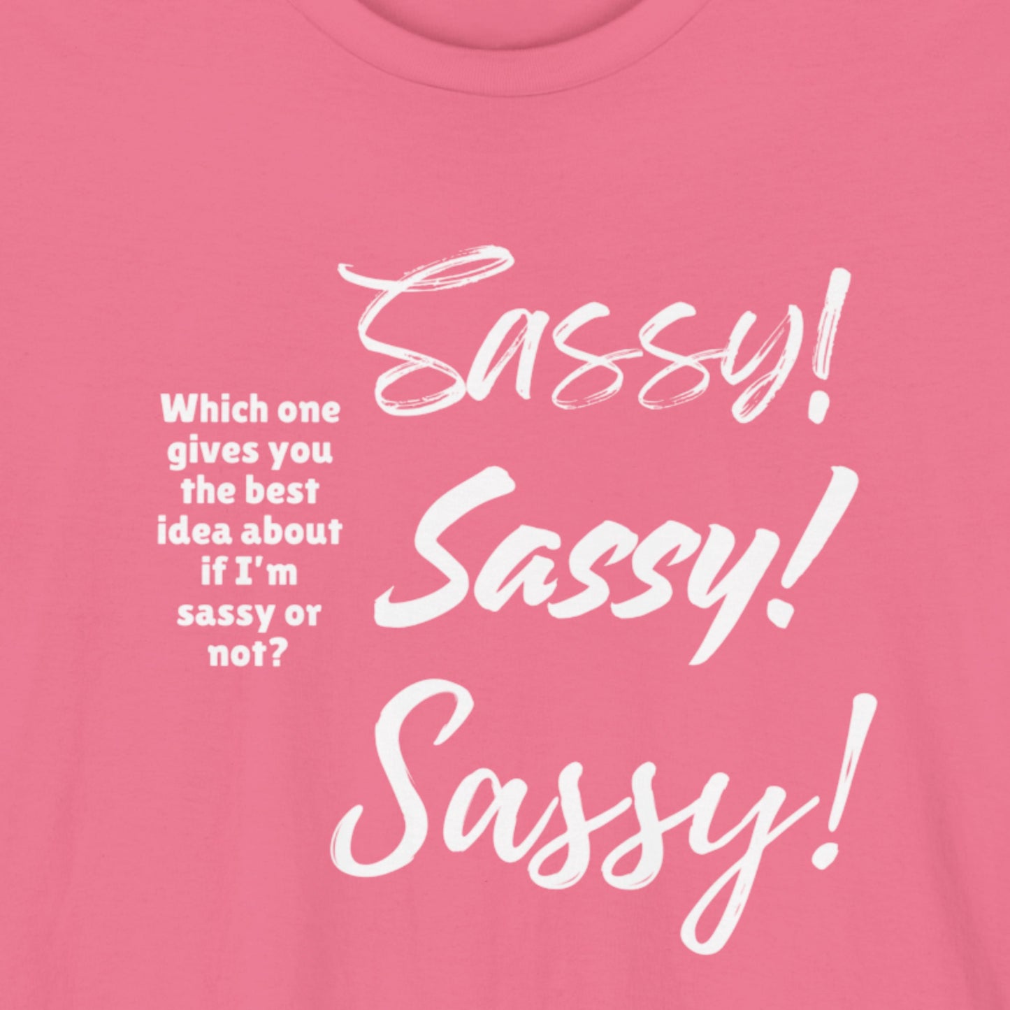 A closeup of a pink shirt with 3 examples of sassy fonts in white text.