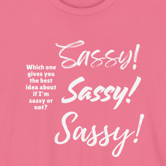 A closeup of a pink shirt with 3 examples of sassy fonts in white text.