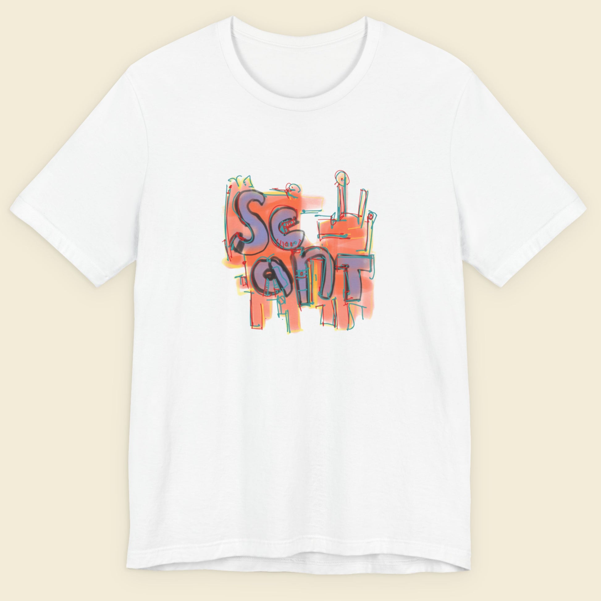 White t-shirt with a colorful abstract drawing on a beige background.