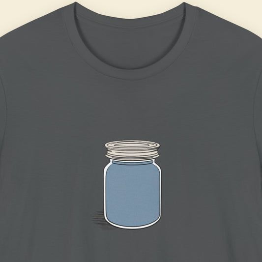 Dark grey shirt with a drawing of a screw top jar full of something blue.