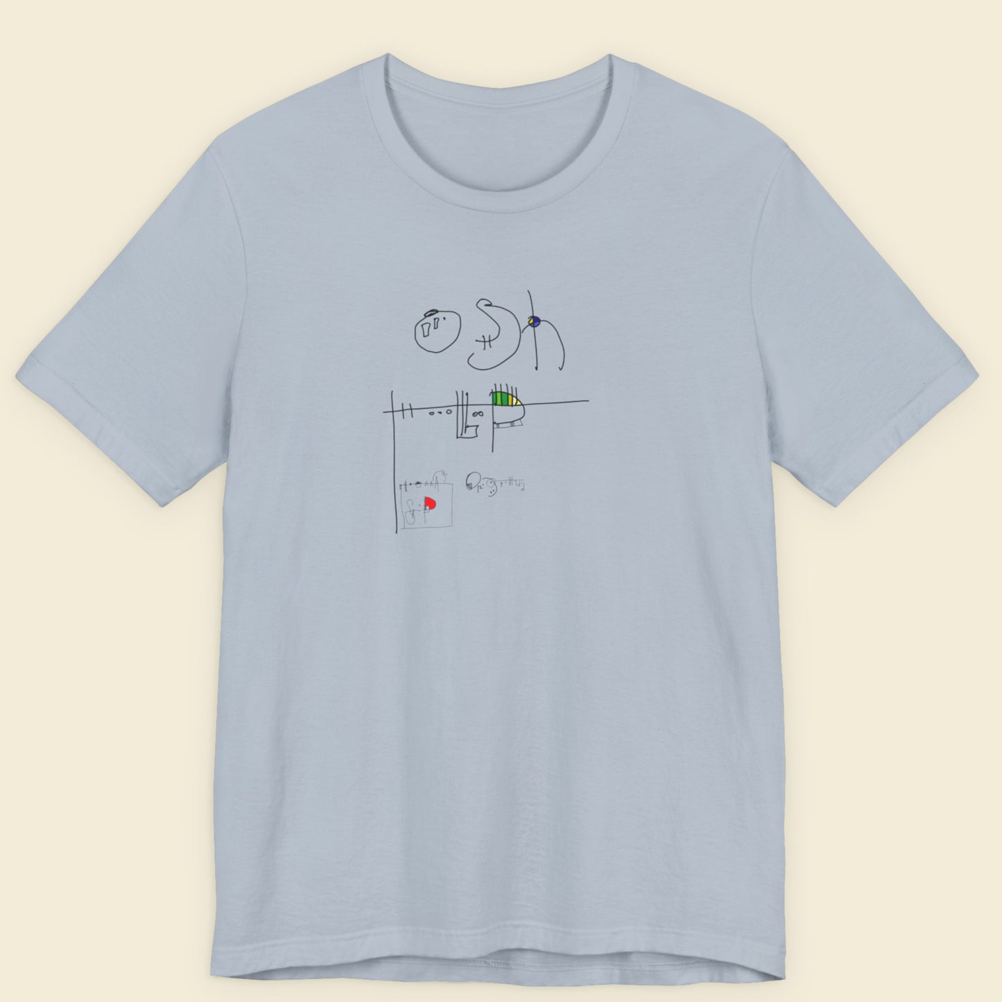 Line drawing on a light blue t-shirt on a beige background