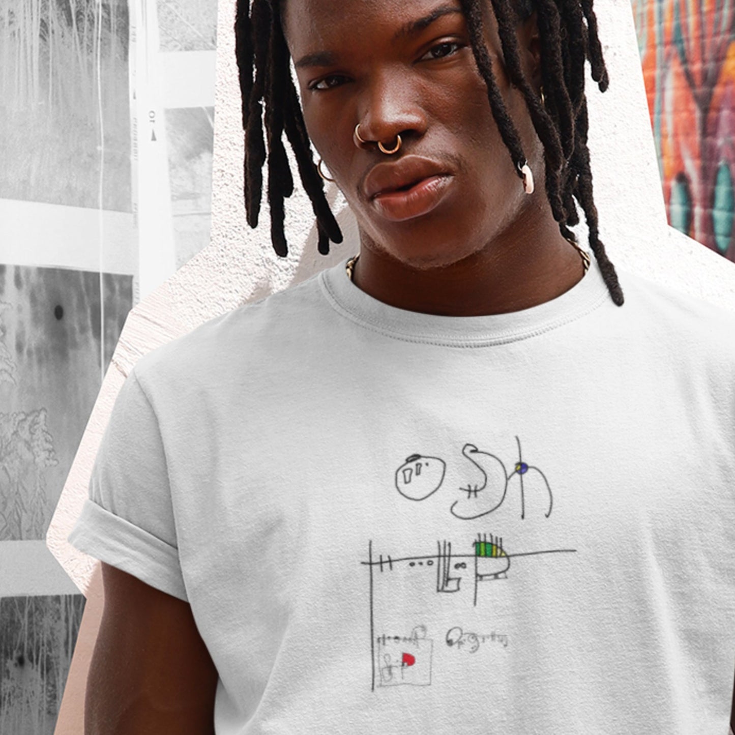 Line drawing on a white t-shirt worn by a model