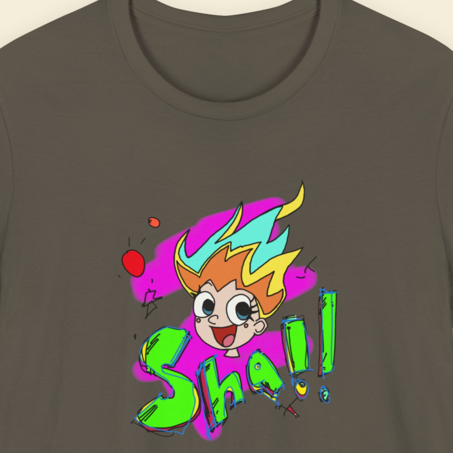 Army green t-shirt with a fun, colorful cartoon illustration on a beige background.