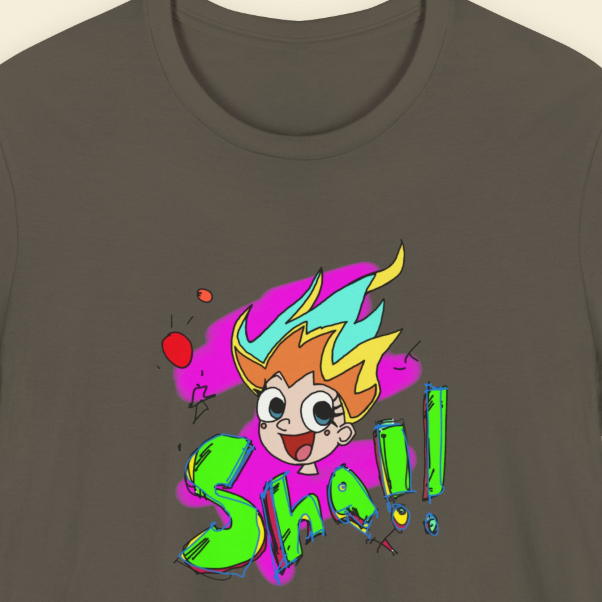 Army green t-shirt with a fun, colorful cartoon illustration on a beige background.