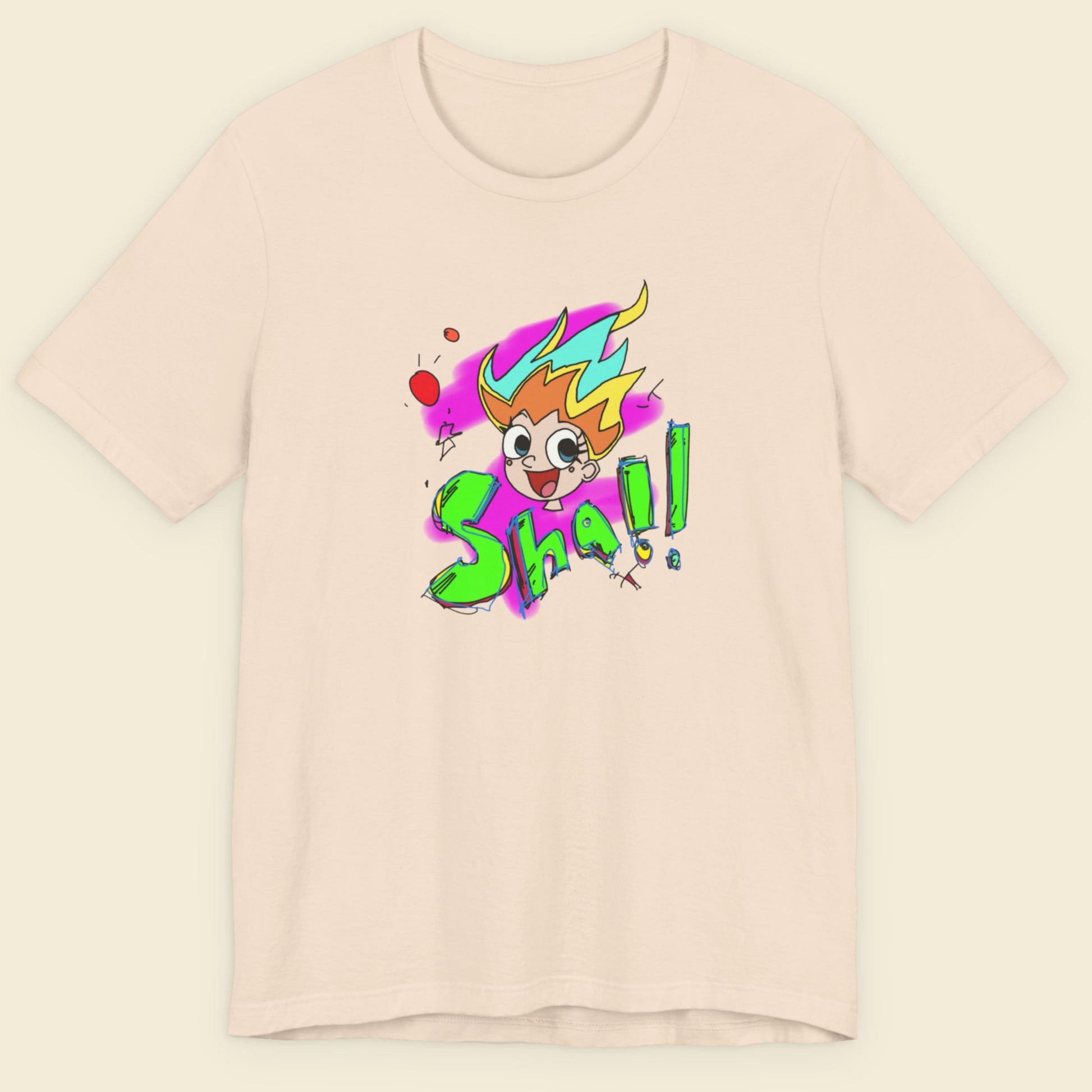 Beige t-shirt with a fun, colorful cartoon illustration on a beige background.
