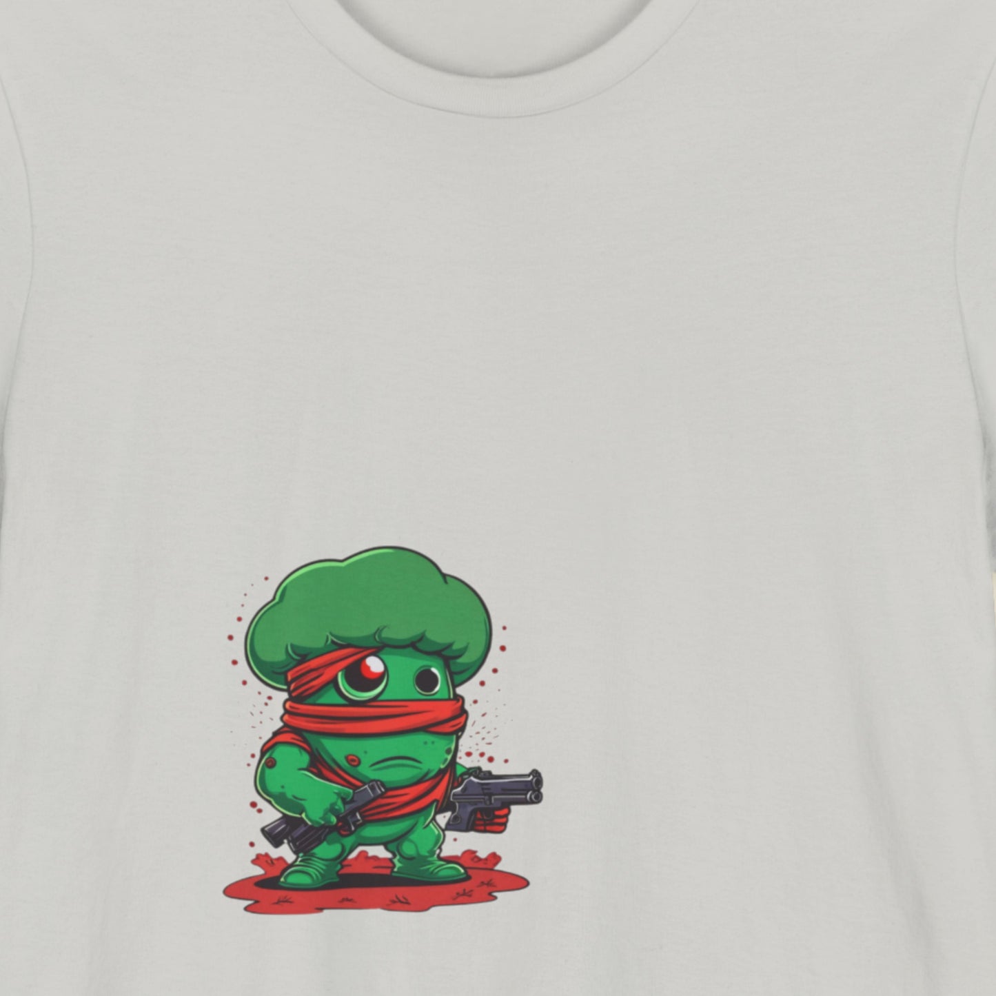 White t-shirt with a cartoon character design on a plain background.