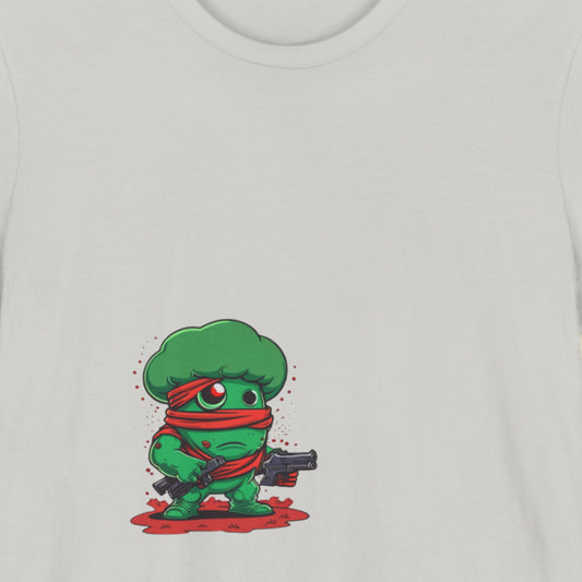 White t-shirt with a cartoon character design on a plain background.