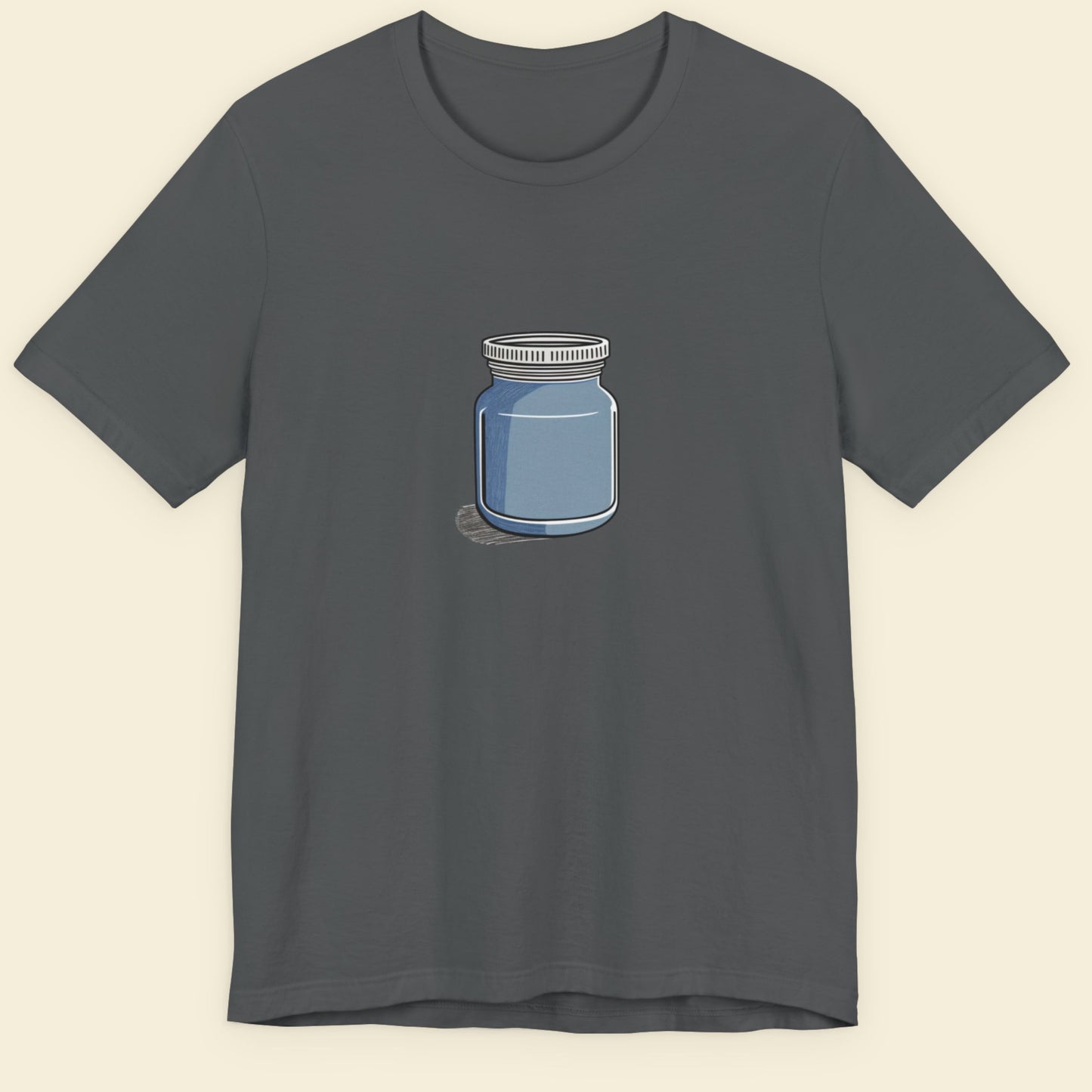 Grey shirt with a sketch of a blue jar on a beige background.