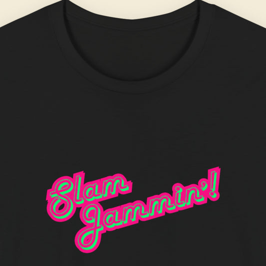 Black tee with multi-colored humorous text on a beige background.