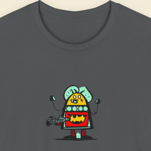 Grey shirt with a fun, colorful cartoon alien illustration on a beige background.