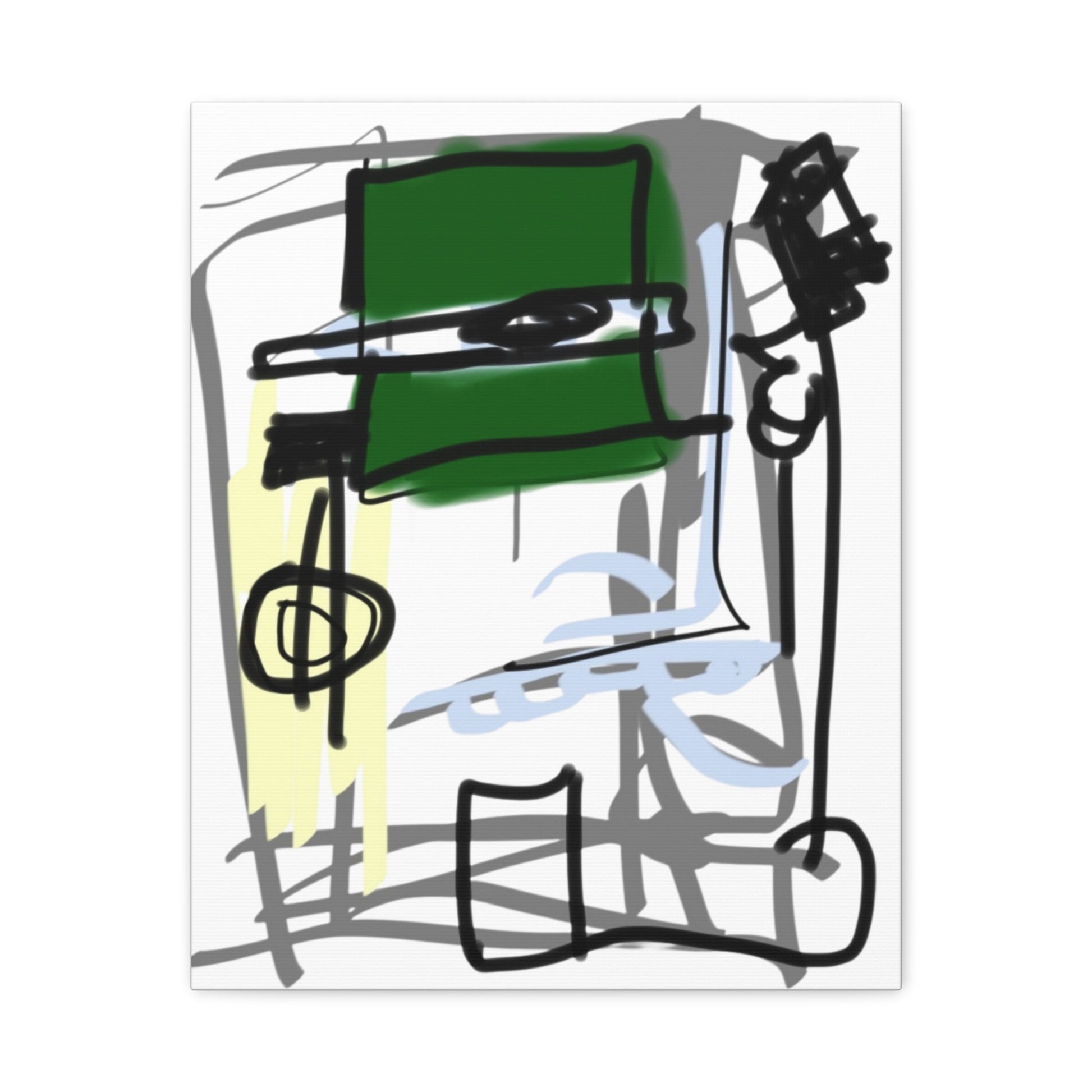 Abstract artwork with green, black, and gray shapes on a white background.