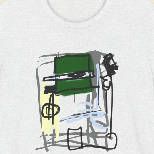 Ash grey t-shirt with a colorful abstract drawing on a beige background.