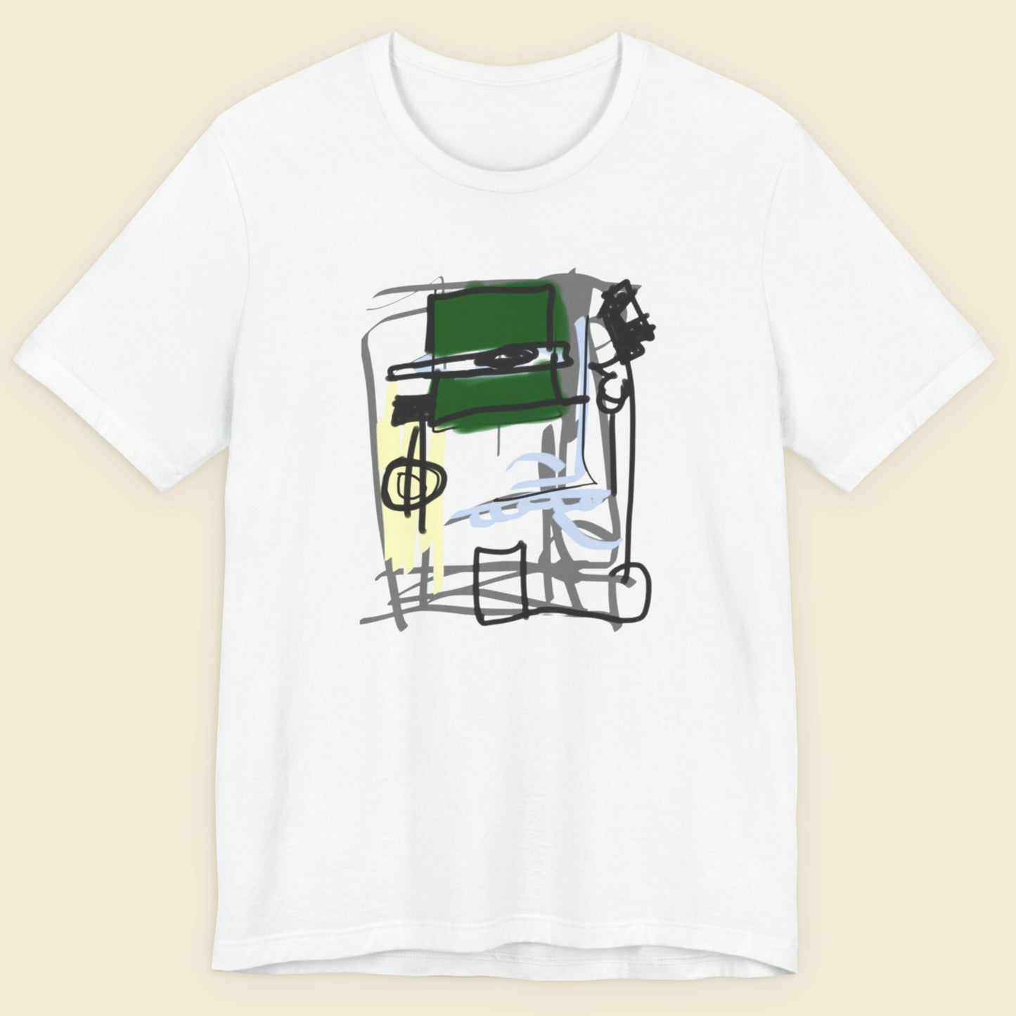 White t-shirt with a colorful abstract drawing on a beige background.