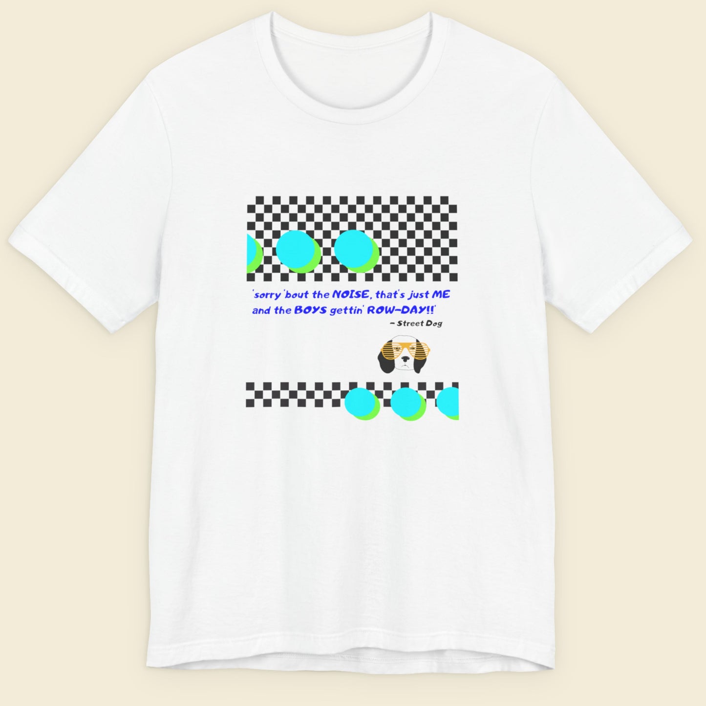 White t-shirt with colorful graphic design on a beige background.