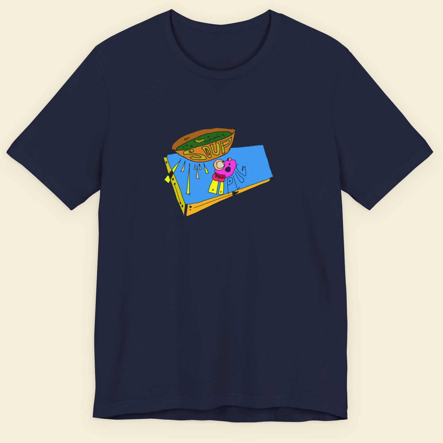Navy blue t-shirt with a colorful abstract drawing on a beige background.