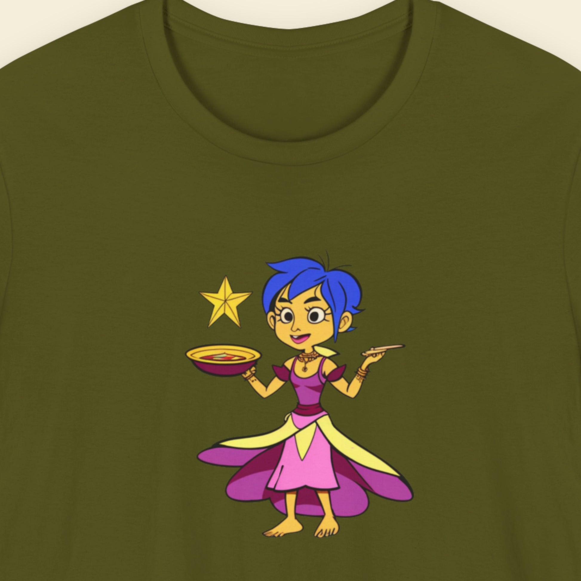Green t-shirt with a fun, colorful cartoon server illustration on a beige background.