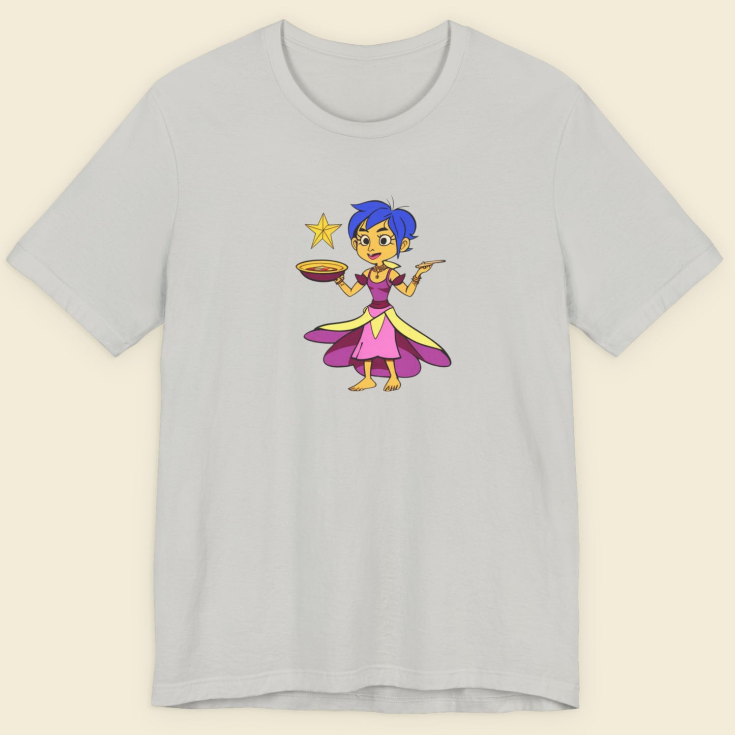 Grey t-shirt with a fun, colorful cartoon server illustration on a beige background.
