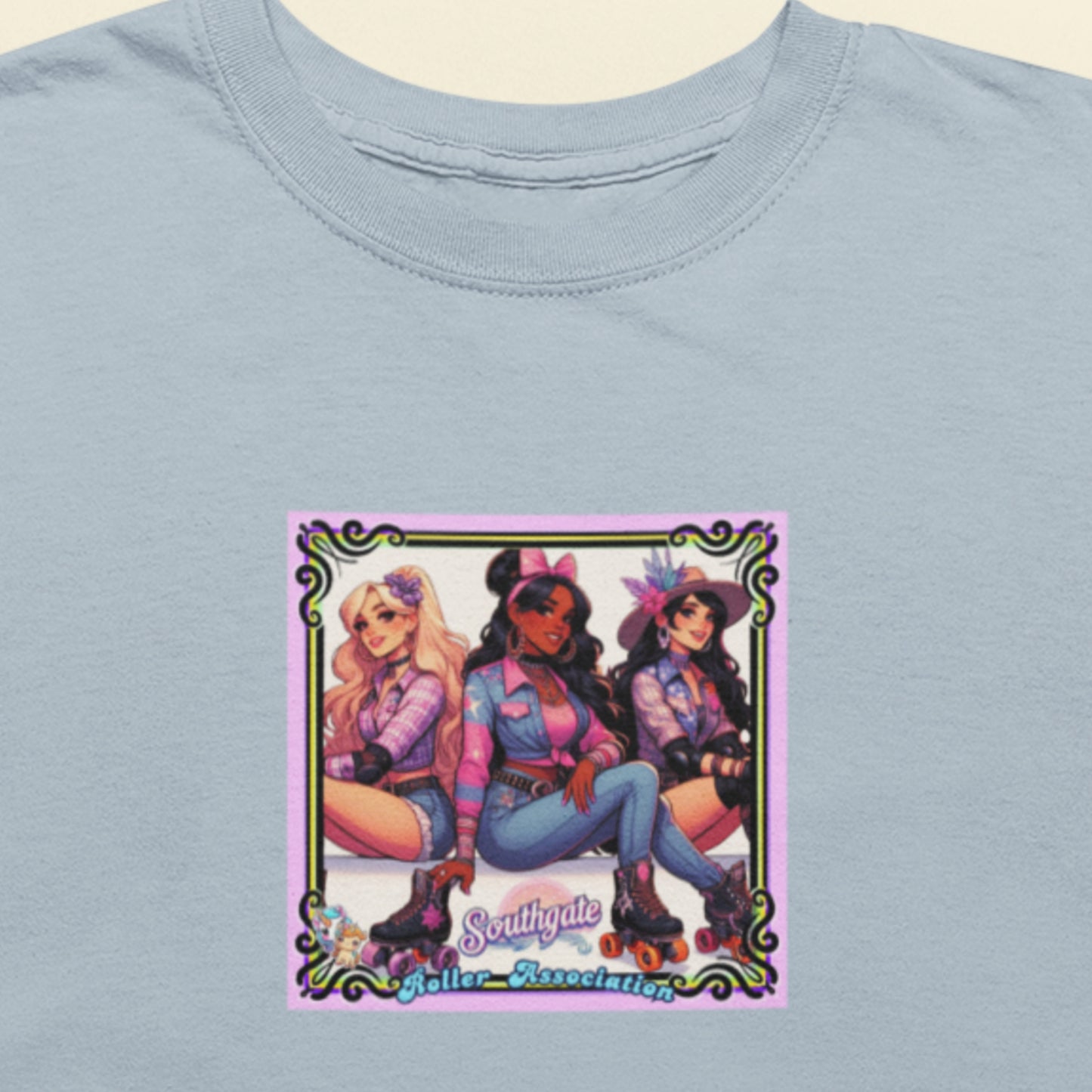 Light blue shirt with the debut album cover from power pop girl group Southgate Roller Association