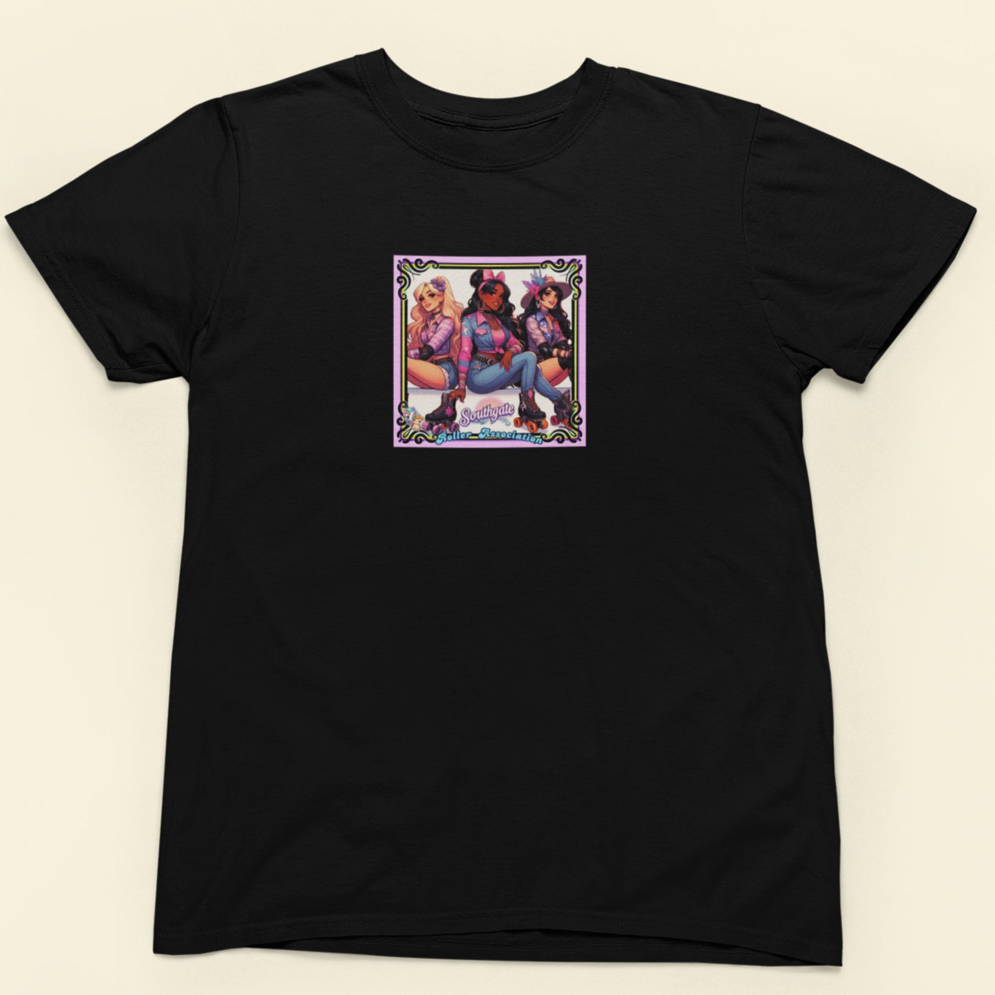 Black shirt with the debut album cover from power pop girl group Southgate Roller Association